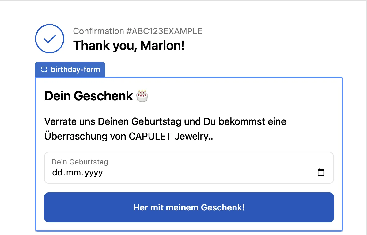 CAPULET birthday collection extension on Shopify order confirmation
